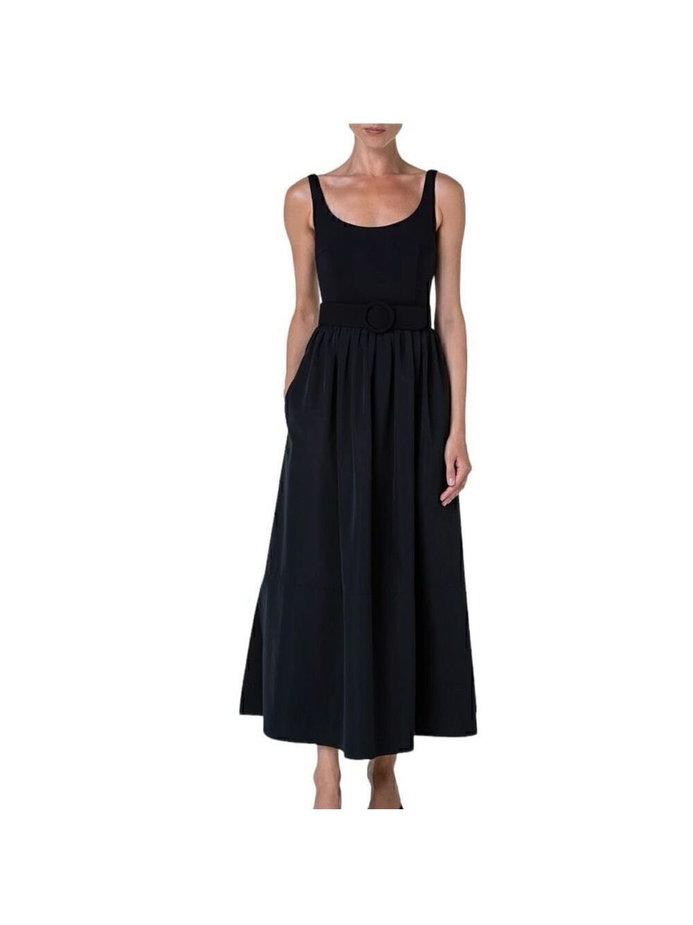 Akris Punto Black Mix Media Midi Dress with D-Ring Belt Size 14